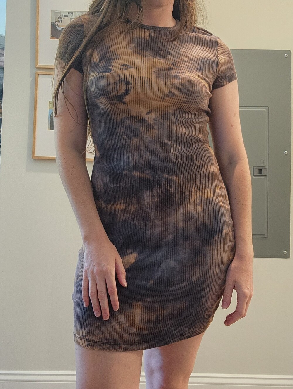 Ribbed Tie-Dye Bodycon Dress in Tan/Brown and Black